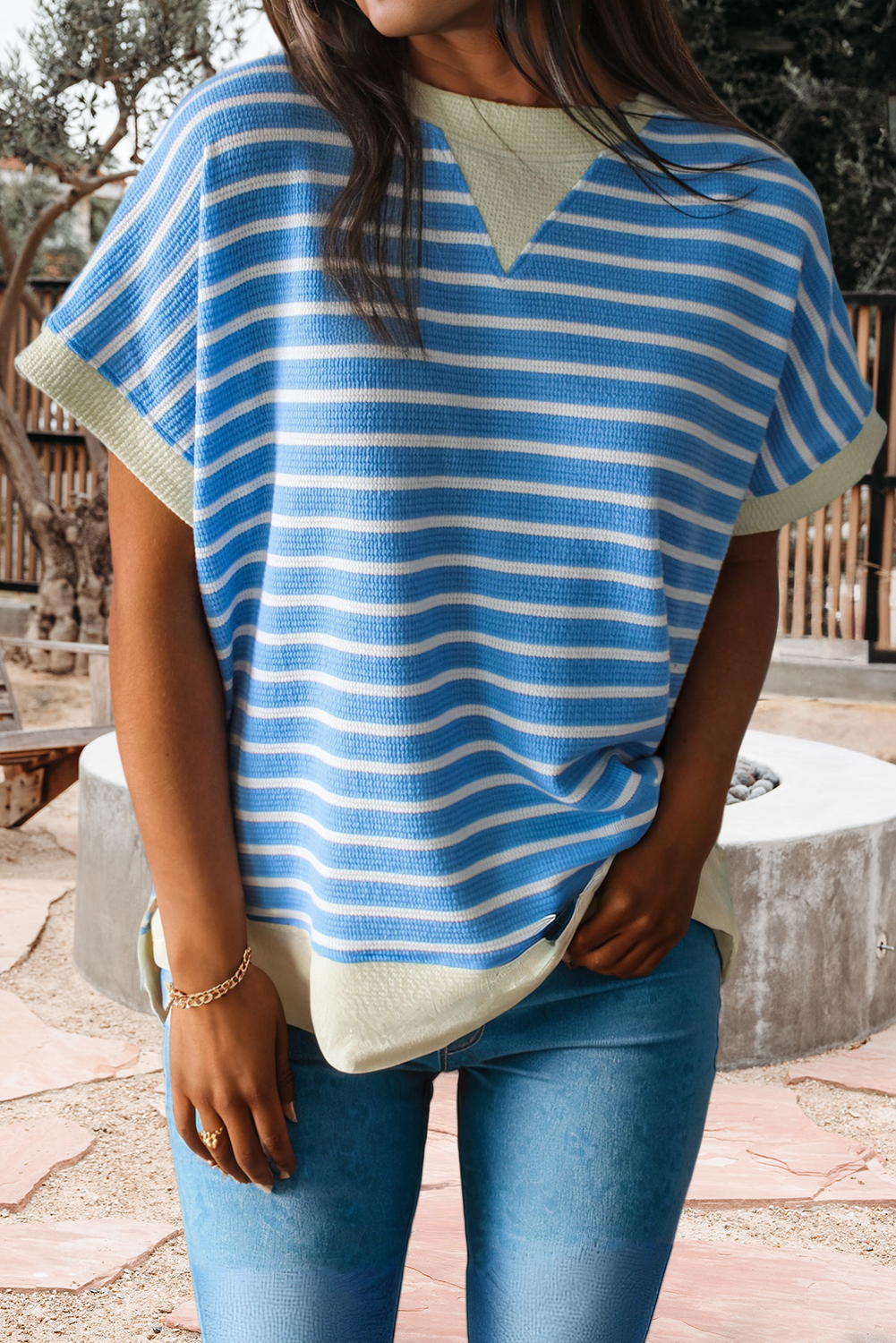 Stripe Contrast Trim Loose Short Sleeve Top (S-Xl)