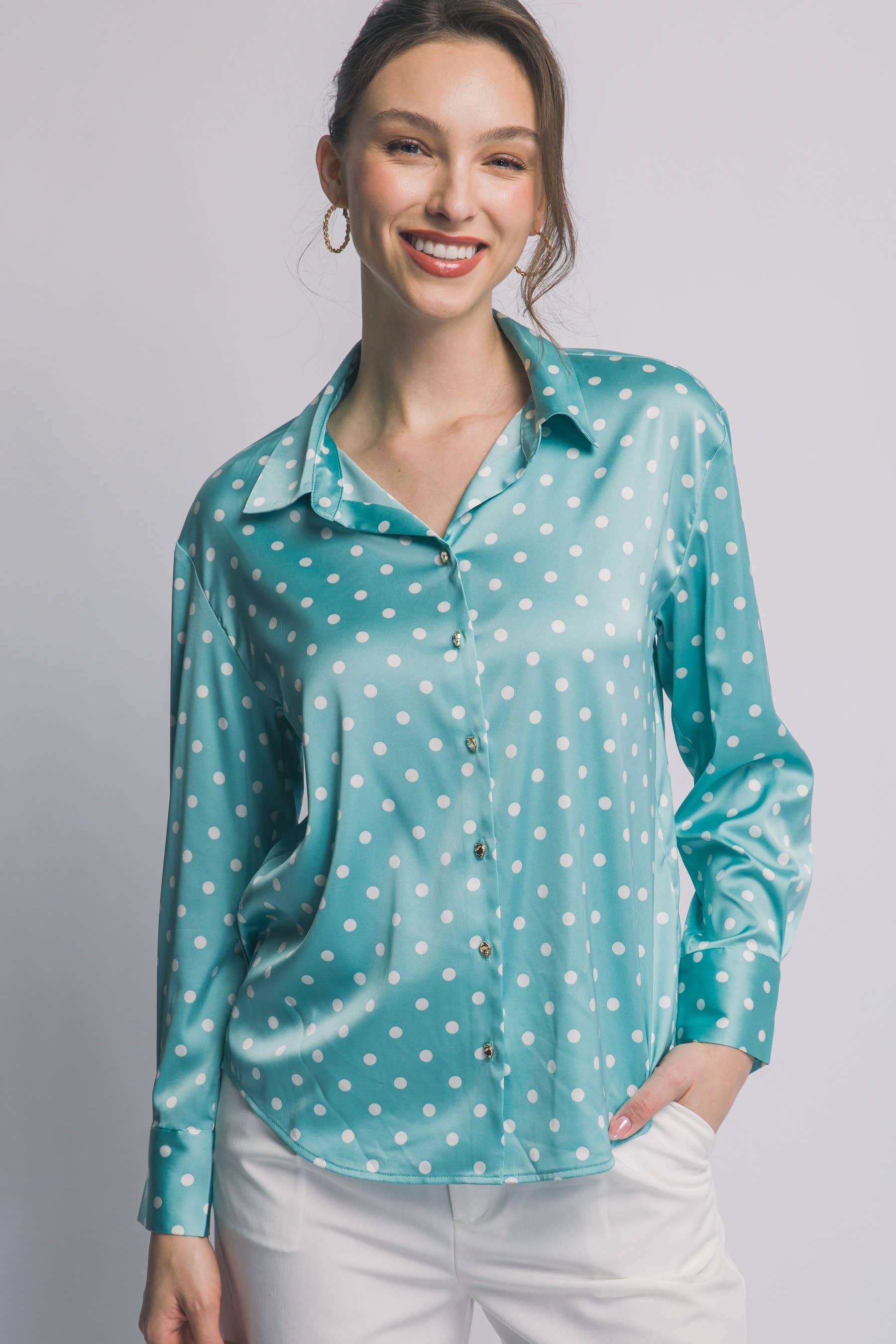 0223 Satin Polka Dot Button-Up Blouse SI-29530