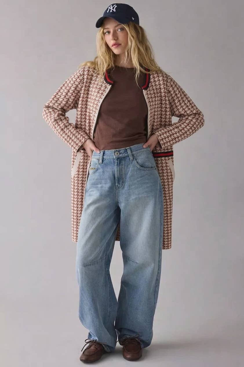 IJ3167 | Houndstooth Pattern Zip-Up Jacket Coat
