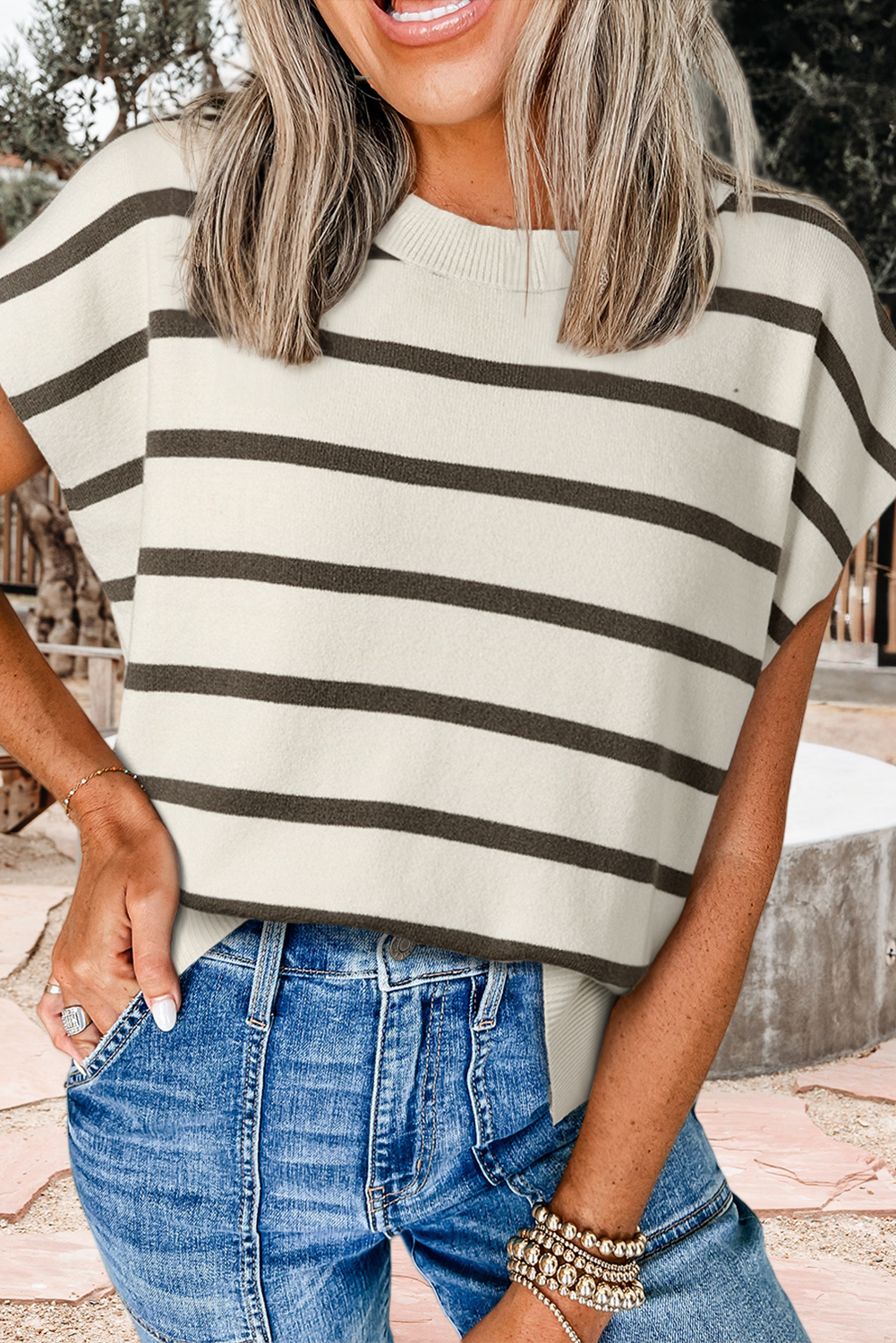 Summer 2026 Stripe Side Slits Crewneck  Sweater Tee (S-Xl)
