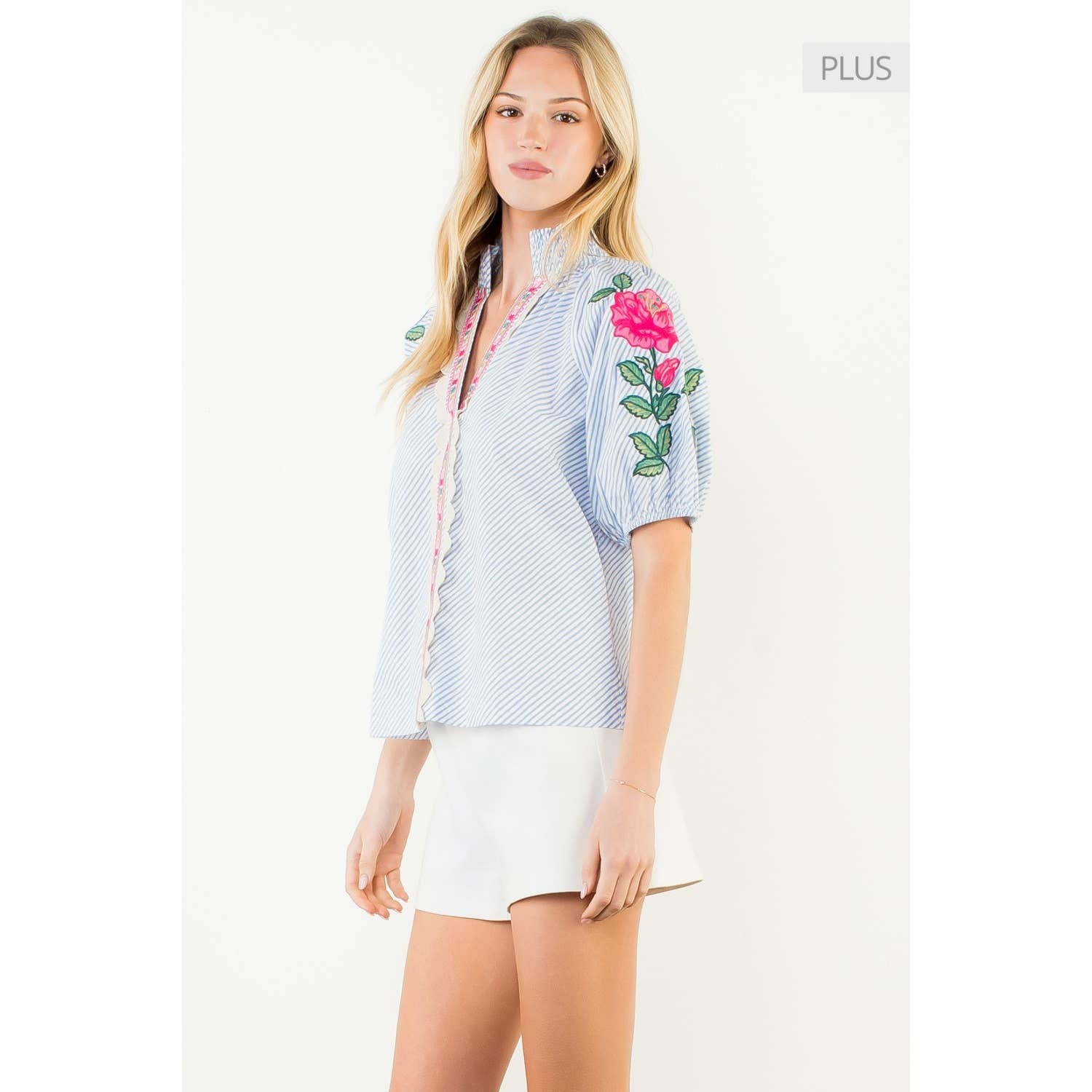 /Size Xl/ Puff Sleeve Striped Embroidery Detail Top