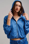 Chambray Cropped Hoodie Jacket with Drawstring Hem