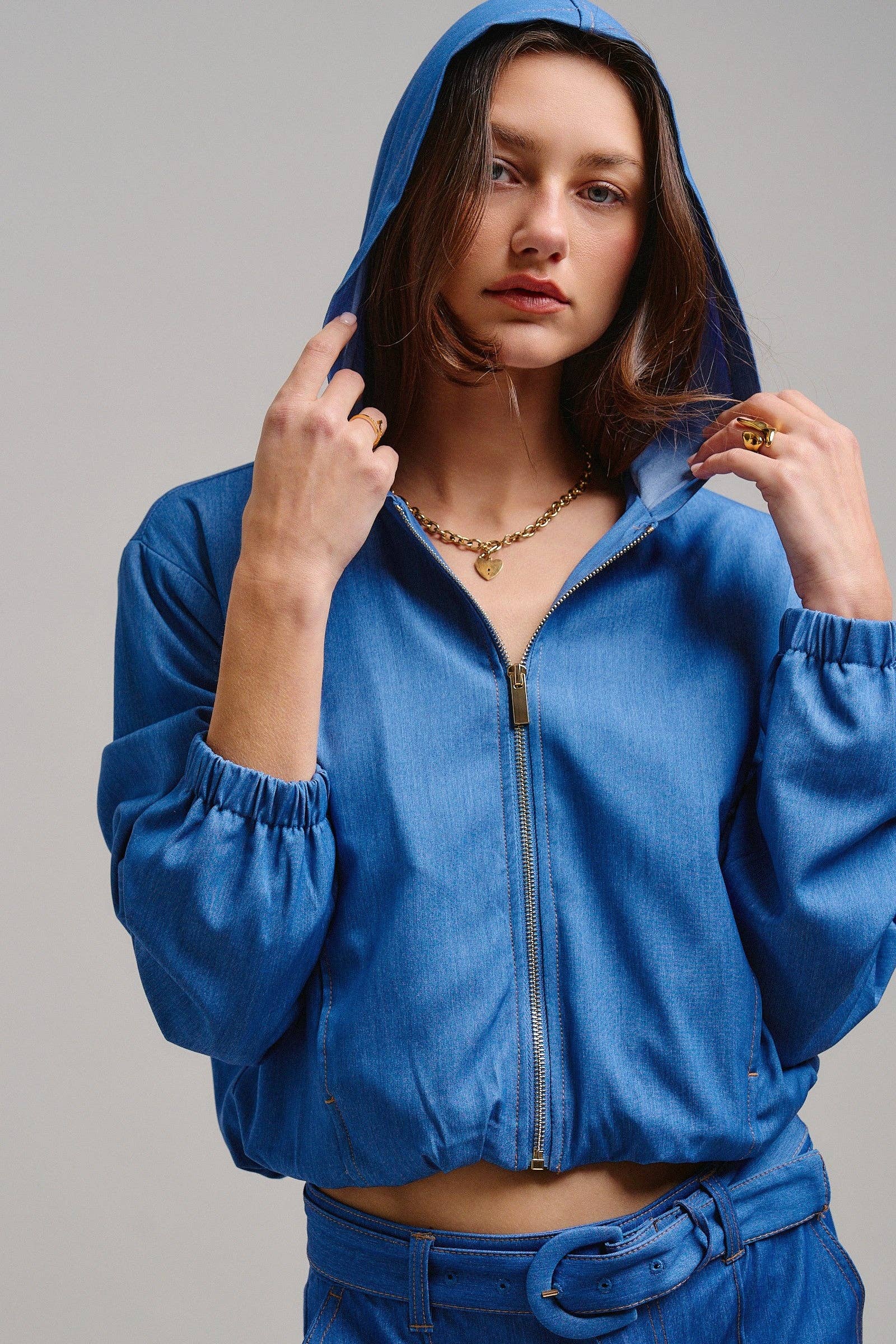 Chambray Cropped Hoodie Jacket with Drawstring Hem