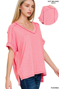 0919 Soft Melange Hacci V Neck Short Sleeve Hi Low Tee SI-27520
