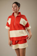 High Neck Zip Up Half Sleeve Color Block Knit Top