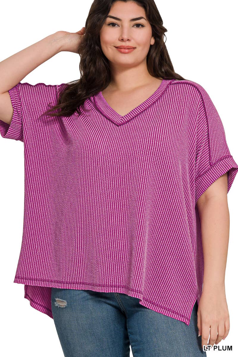 ....SI-27252 Plus Corded Rib Short Sleeve Hi Low Neck Top