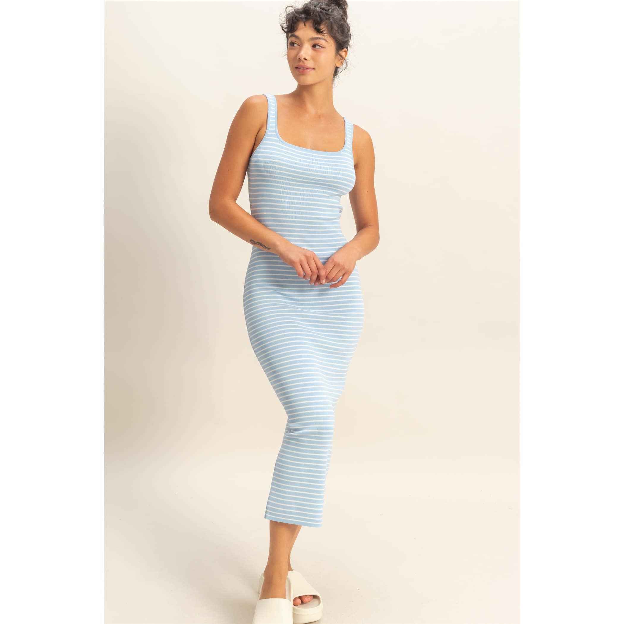 Striped Bodycon Midi Dress with Back Slit