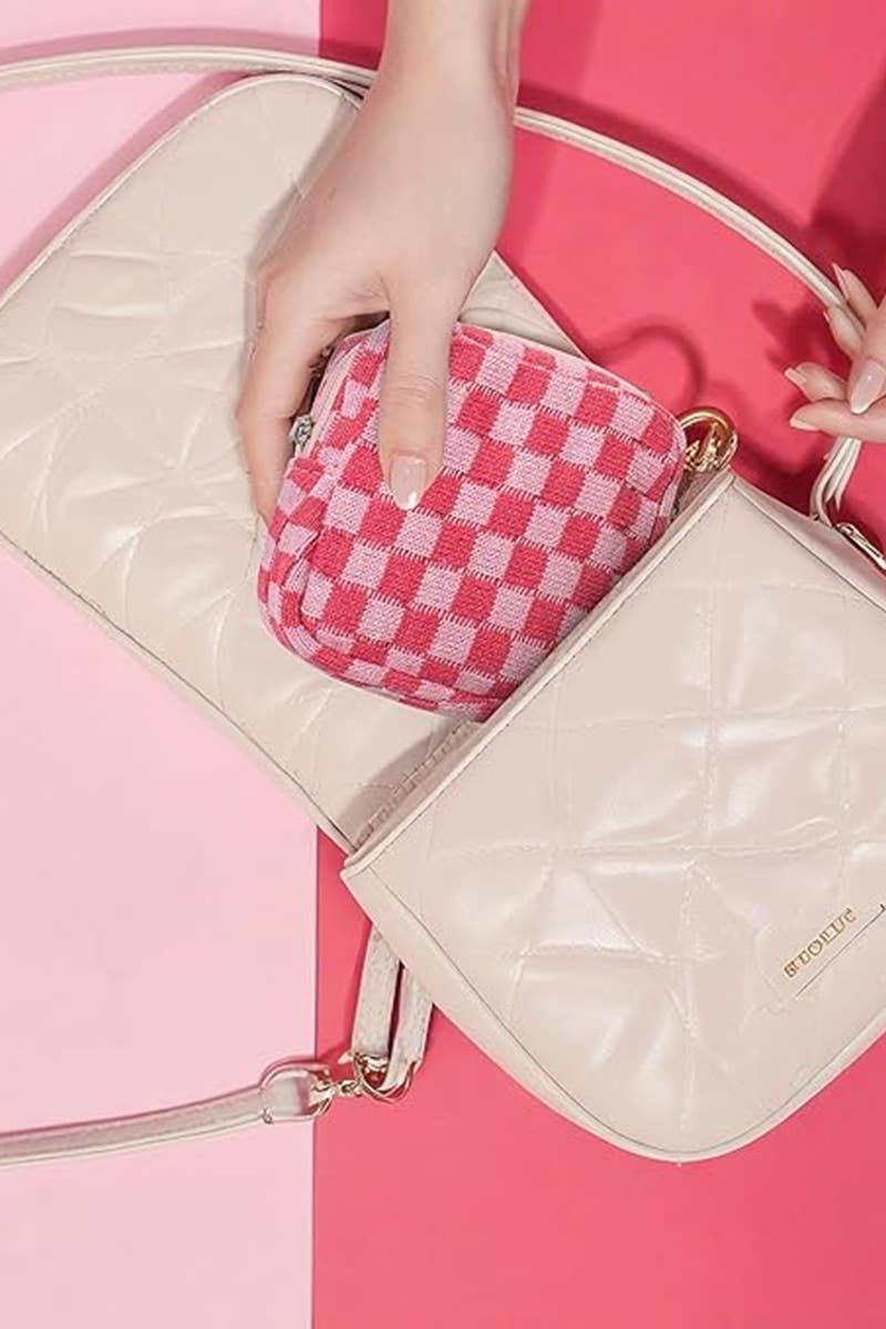 ,.SI-26666 Mini Checkered Makeup Cosmetic Travel Case