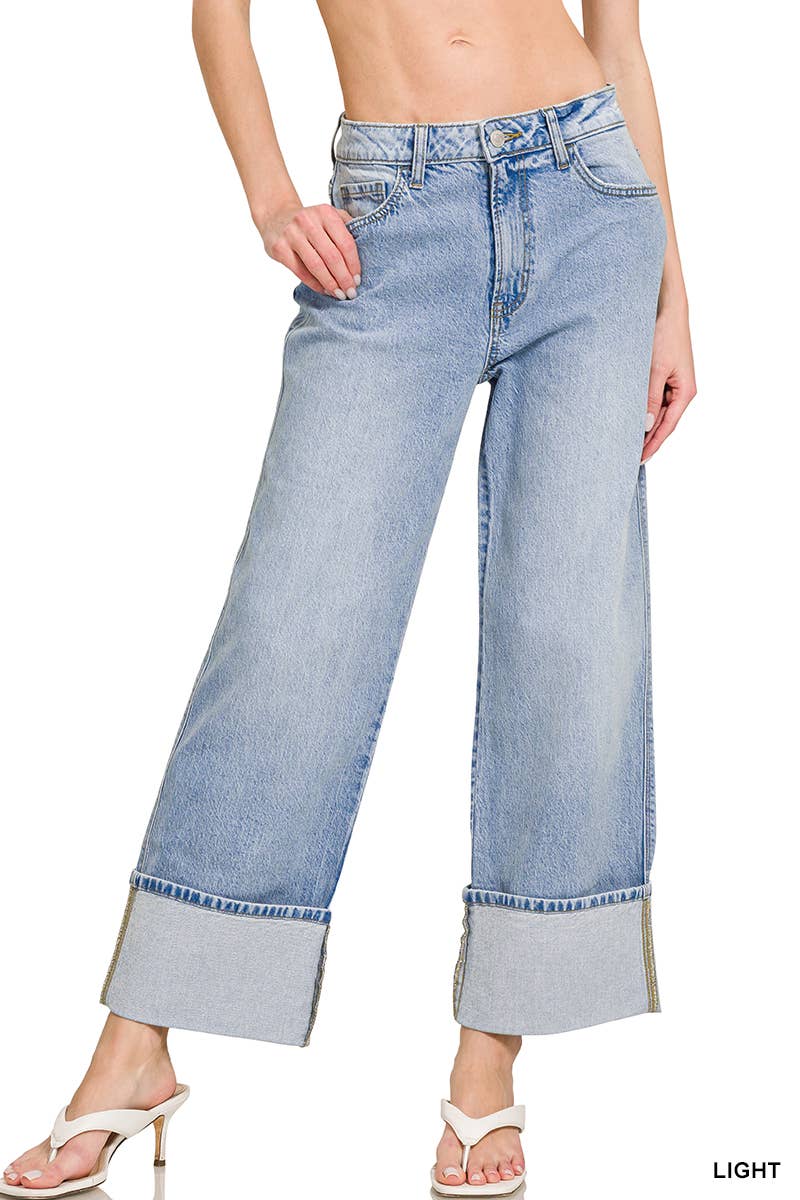...High Rise Cuffed Wide Leg Denim Pants SI-27863