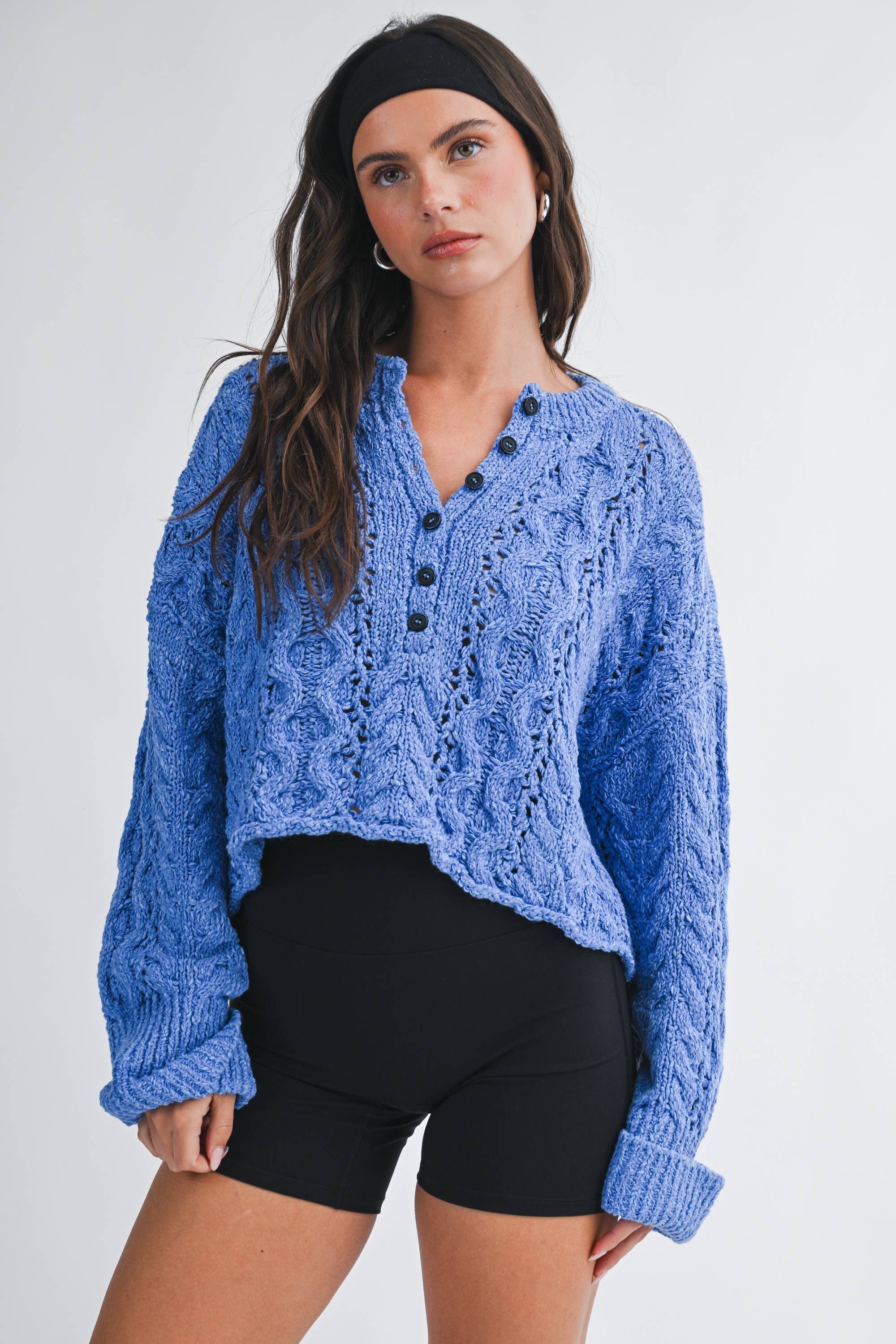 3463HK Textured Cropped Henley Knit Sweater