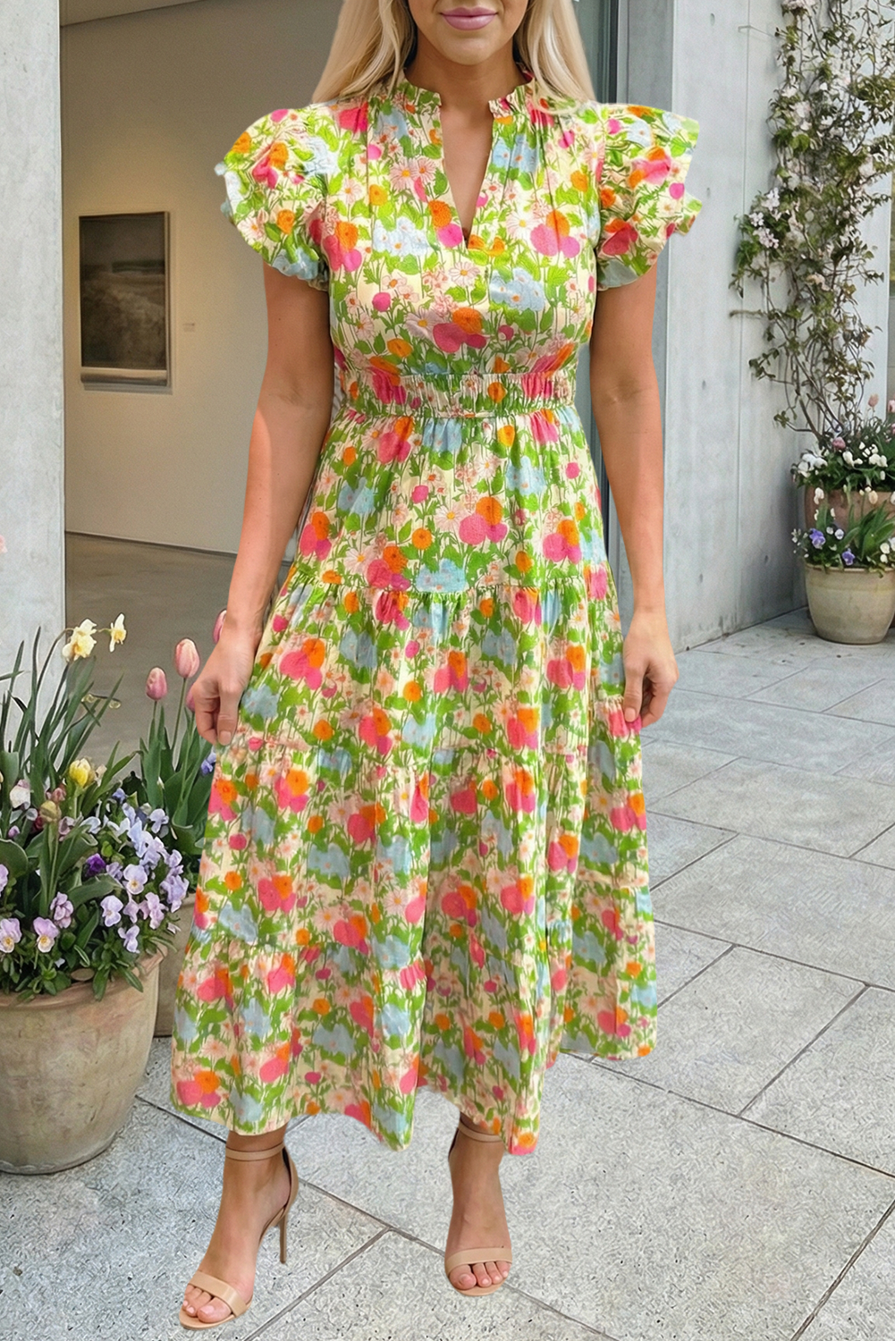 Floral Print V Neck Short Puff Sleeve Maxi Dress (S-Xl)