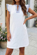 Striped Split Neck Ruffle Trim Sleeveless Dress (S-Xl)