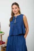 Front Tie Pintuck Detail Sleeveless Denim Blouse