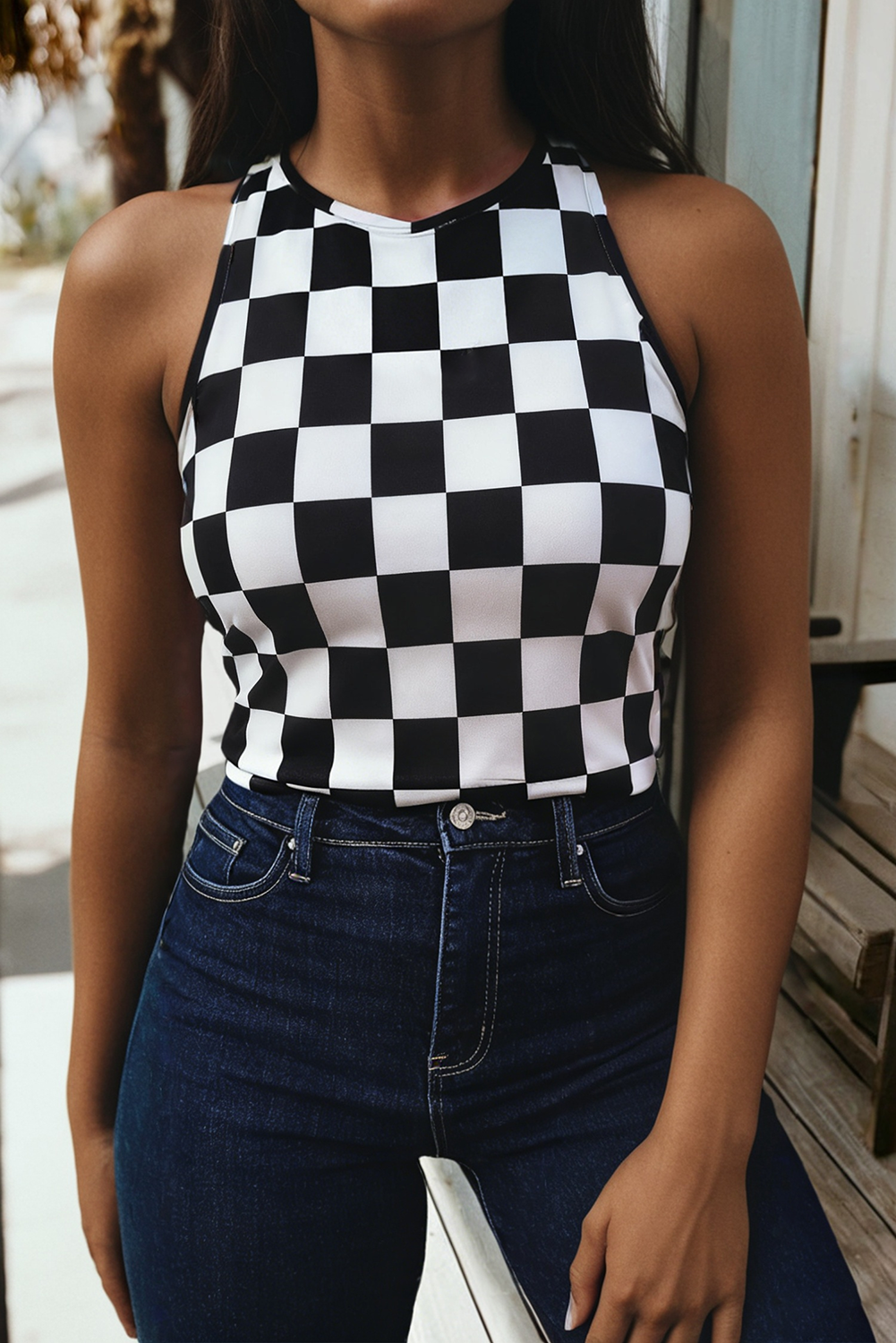 Western Checkerboard Printed Slim Tank Top (S-Xl)