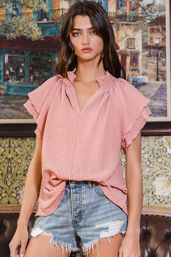T2123-1  Ruffled Short Sleeve Solid Knit Textured Blouse