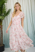 Floral Chiffon Flounce Sleeve Shirred Midi Dress