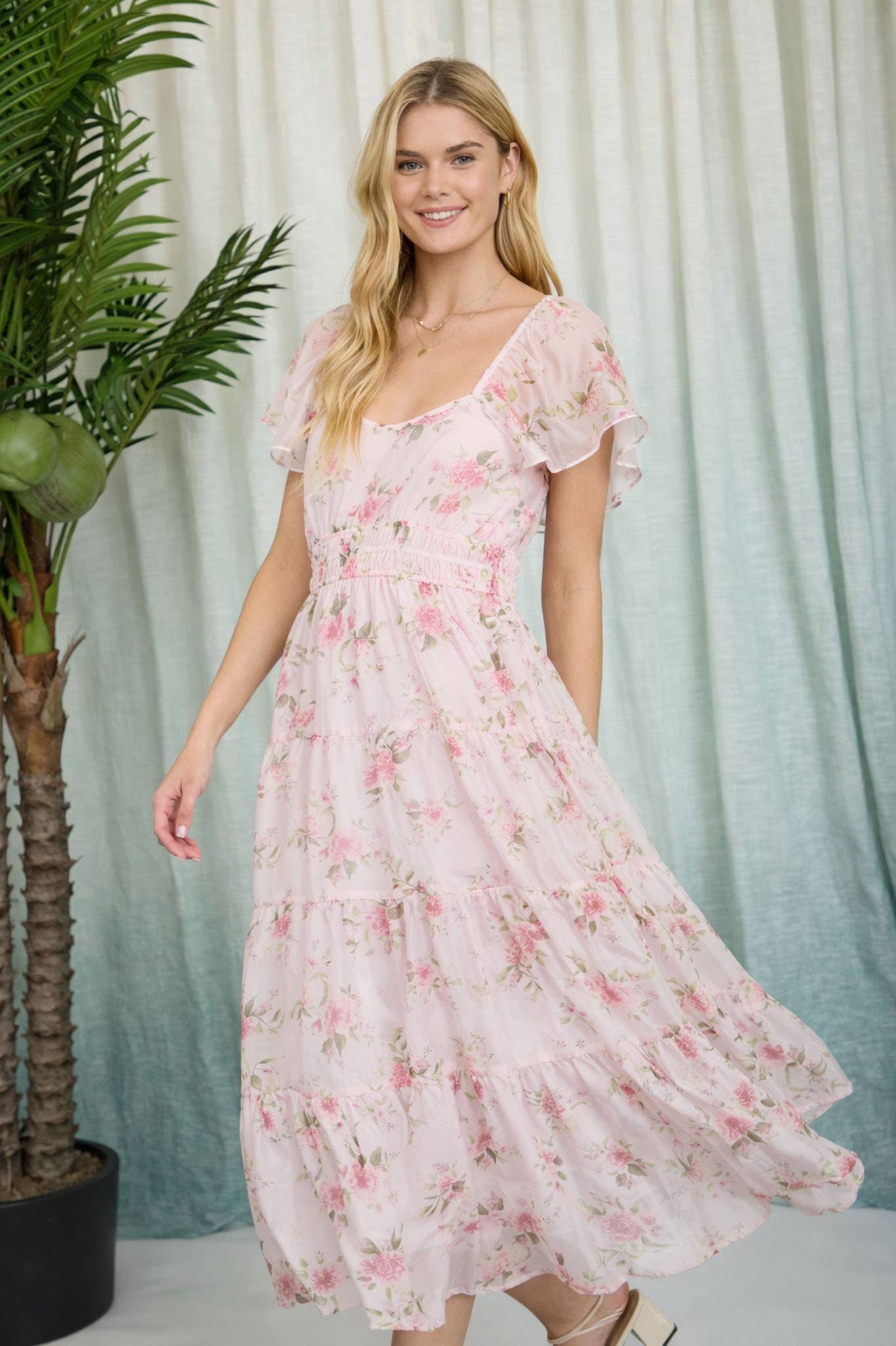 Floral Chiffon Flounce Sleeve Shirred Midi Dress