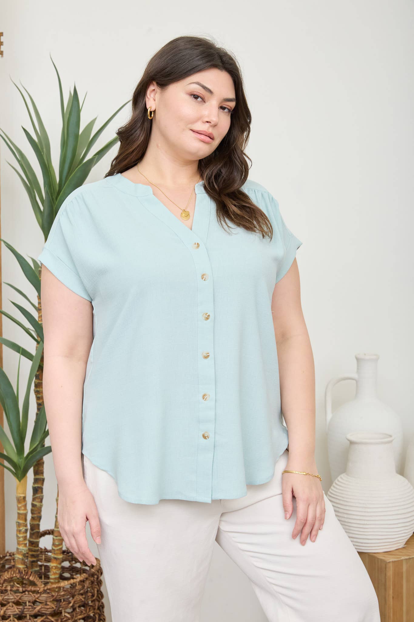 Plus Cuffed Sleeve Button Down Lightweight Top