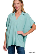...SI-27459 Woven Airflow Collared V Neck Short Sleeve Top