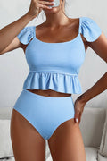 Striped Ruffled Shoulder Peplum Top 2 Piece Tankinis (S-Xl)