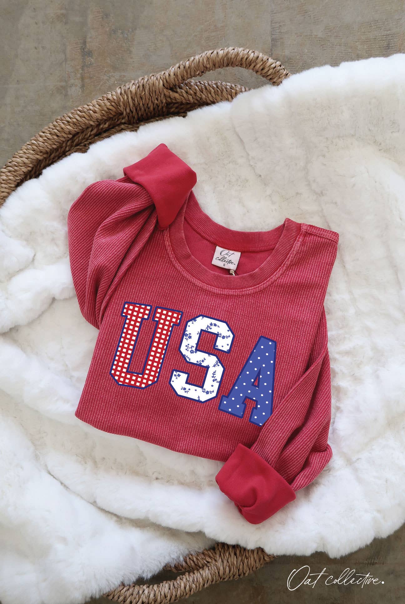 USA with Pattern Cropped Thermal Vintage Pullover