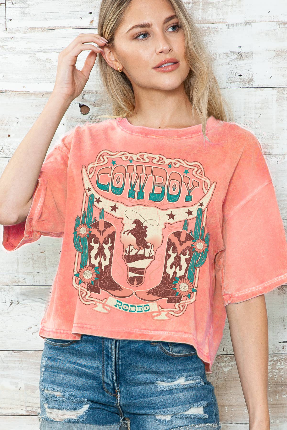 Women Cowboy Rodeo Graphic Print Mineral Wash Crop Top