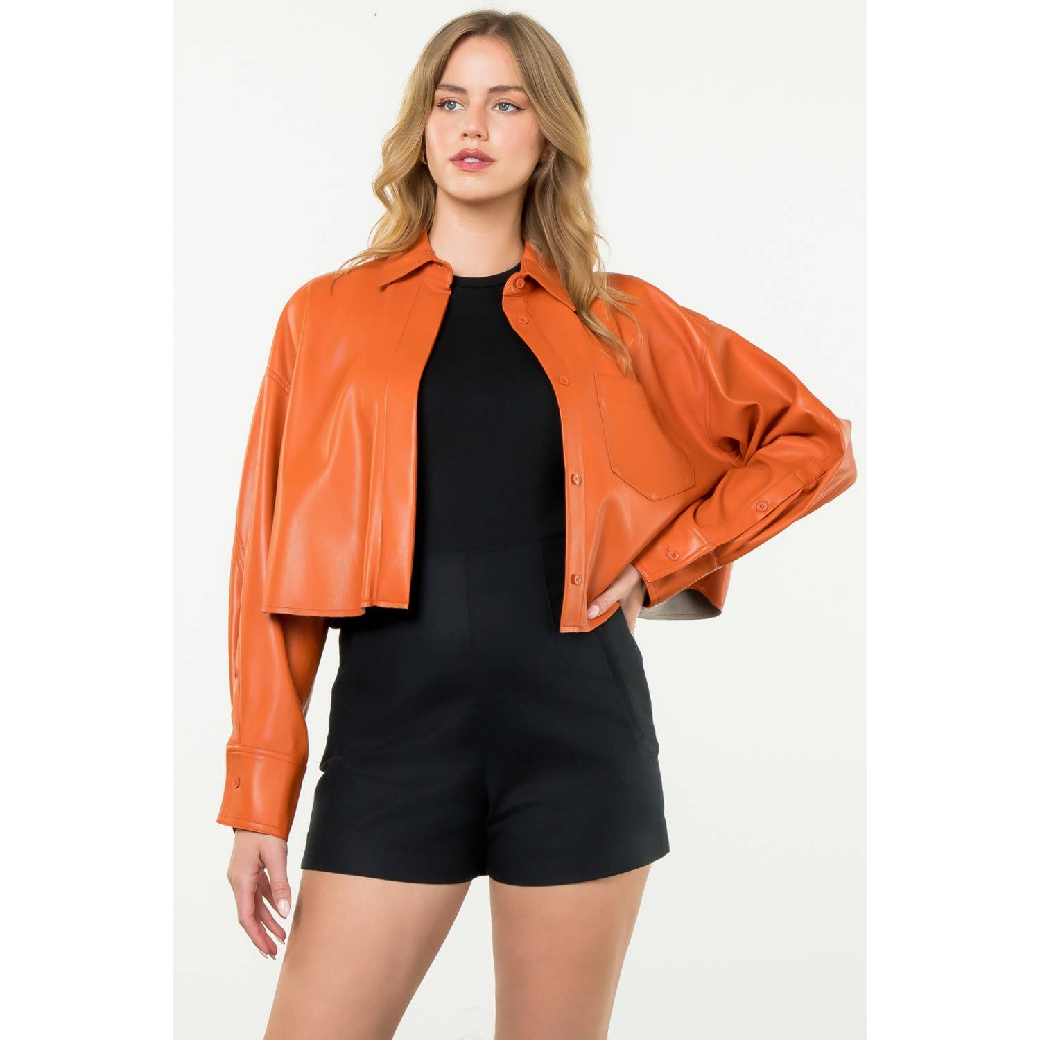Cropped Leather Chest Pocket Jacket