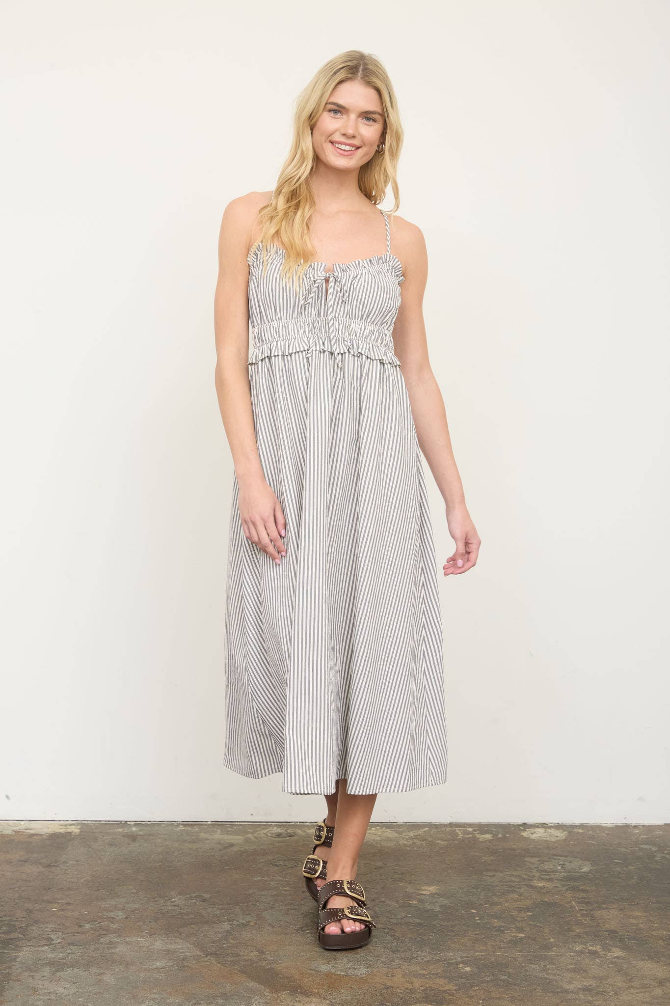Stripe Spaghetti Strap Keyhole Ruffled Midi Dress