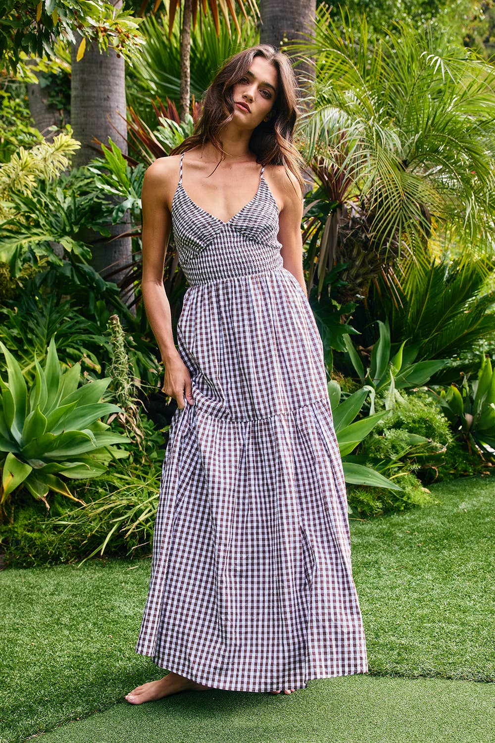 ID4382 All-Over Check Print Smocked Bodice Maxi Dress