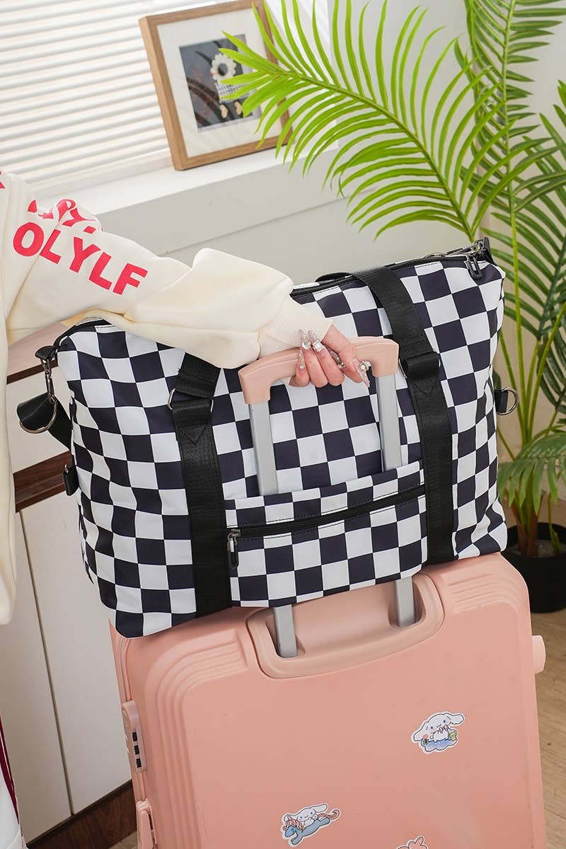...0619 Large Capacity Checkered Travel Duffle Bag with Shoulder Str
