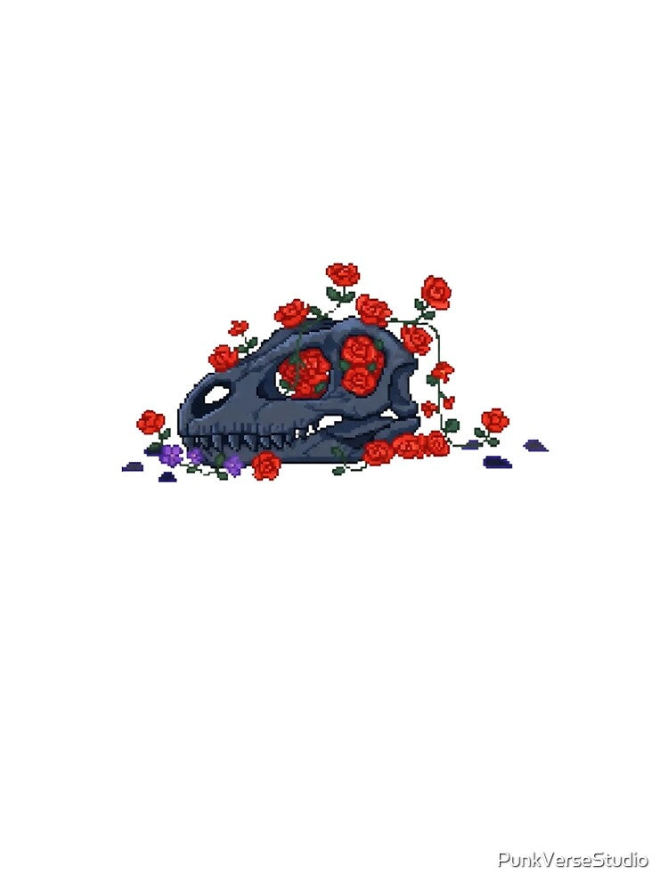 Pixel Dinosaur Skeleton with Red Flowers | Floral Retro Pixel Art by PunkVerseStudio