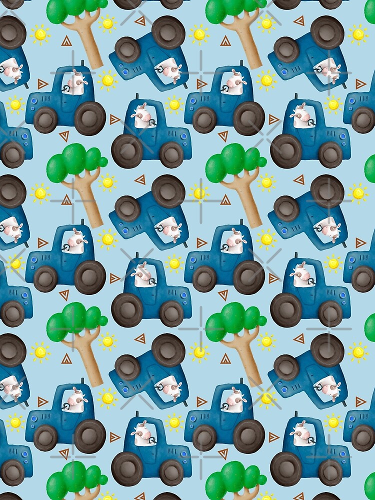 Cow Driving a Blue Car Under  a Yellow Sun Pattern by InspiredPamjoy