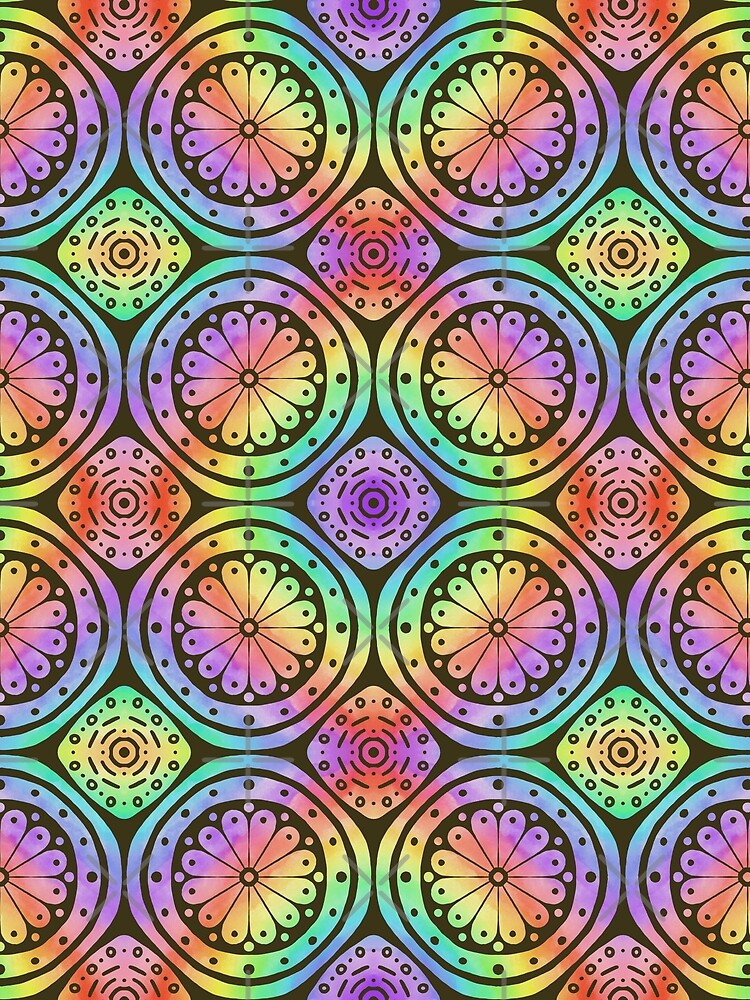 Medieval Abstract Flower Tile Pattern with a Rainbow Background by keltickat