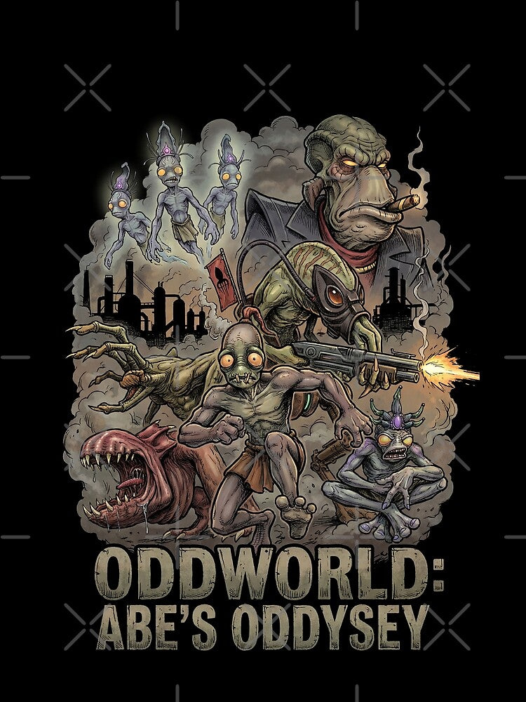 Abe Oddworld Abe's Oddysee Exoddus Munch's Oddysee Soulstorm Mudokon Slave Glukkon Slig RuptureFarms Scrab Paramite Fan Art Portrait Poster T-Shirt Sticker Print Gift by Senpaiwaves