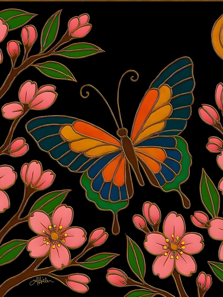 Butterfly in the Cherry Blossoms Under A Full Moon by Lee Hiller Designs