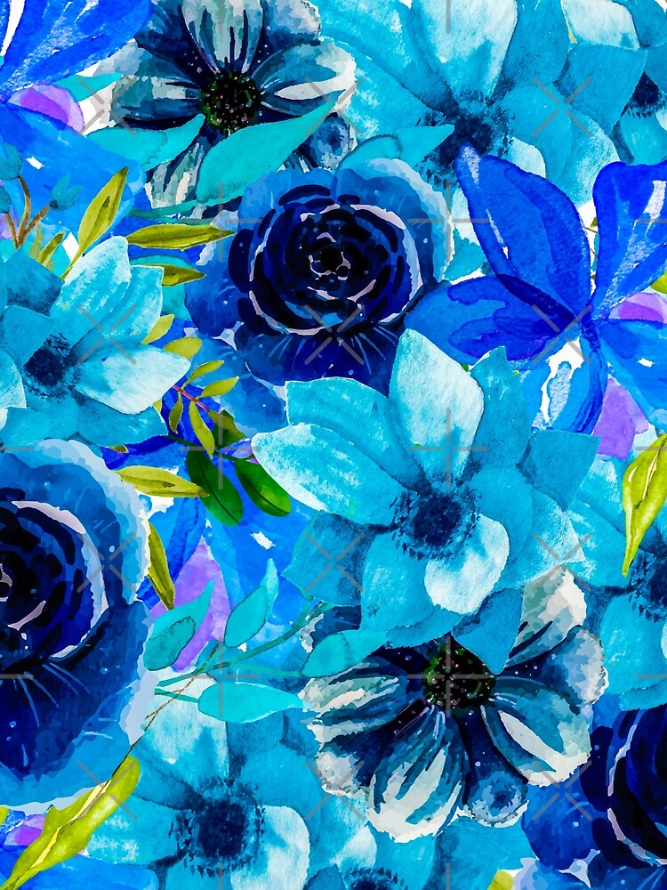 Vibrant Blue Watercolor All Over Floral Pattern by Designs By YL