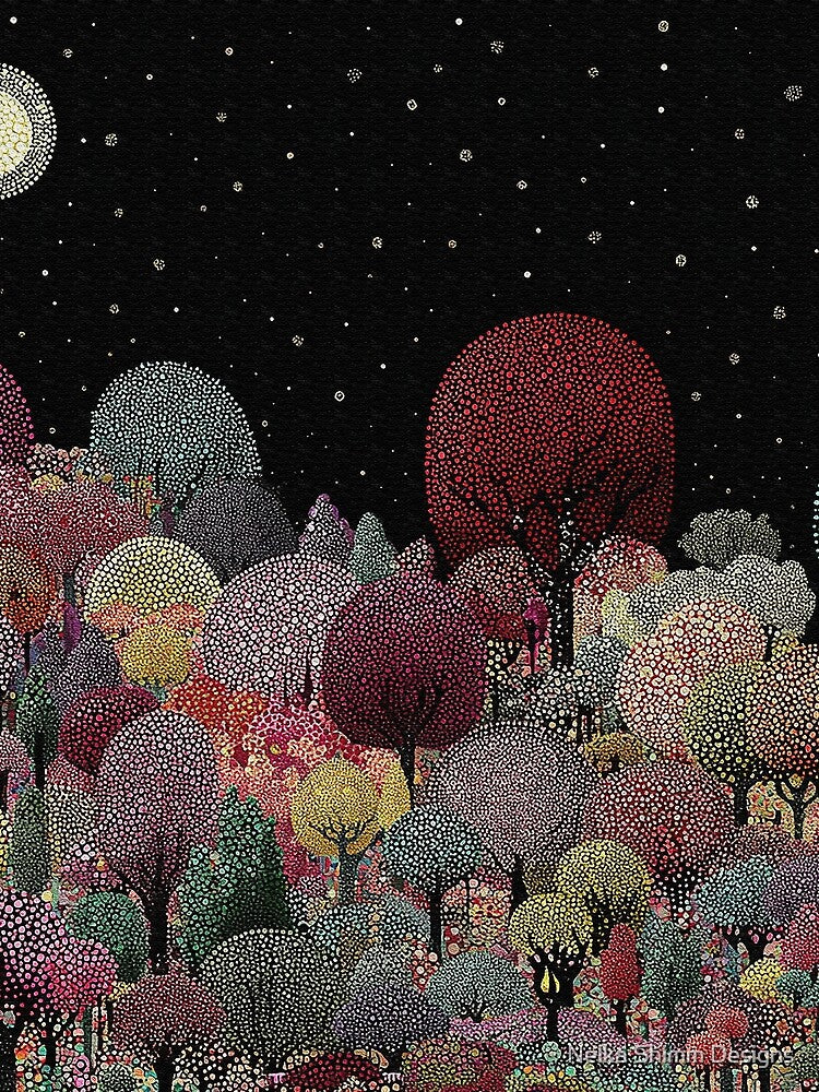 Orchard under a Starry Sky and Full Moon by Neika Shimm Designs