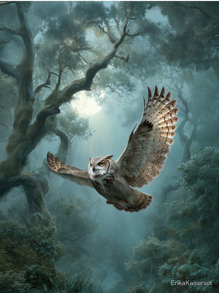 Moonlit Forest Flight – Silent Owl in Motion by Erika Kaisersot