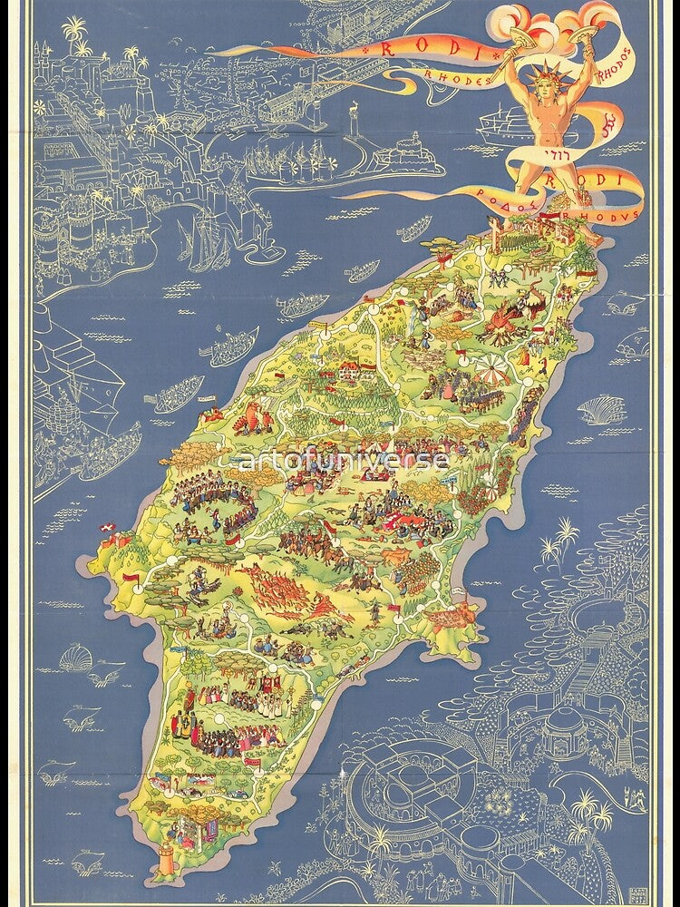 Vintage Rhodes Map Poster | 1937 Pictorial Art by Pietro L. Morandi | Historical & Cultural Landmarks | Colossus & Medieval Influence by artofuniverse