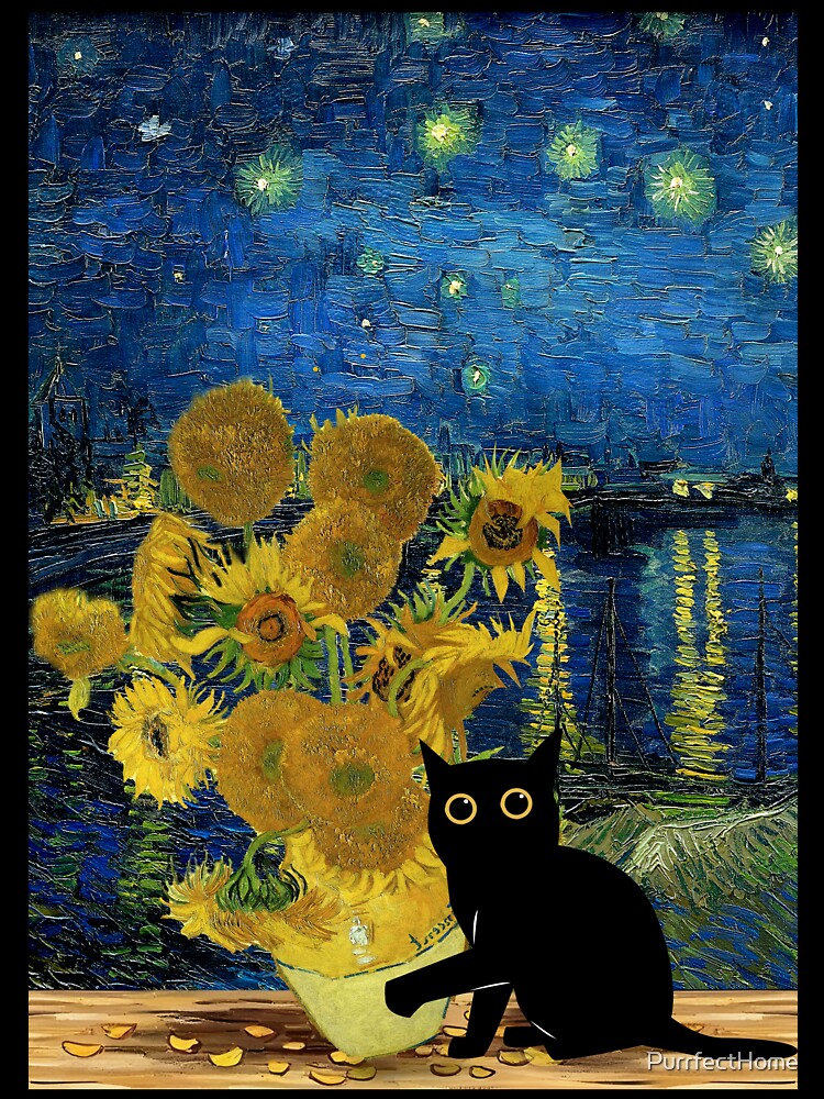 funny cat with sunflowers and starry night by PurrfectHome