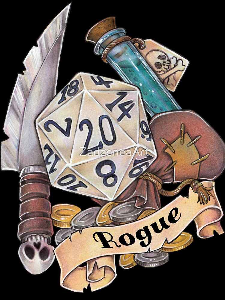 Role-playing game, tabletop, D20 dice, gift, thief, robbery by ZadzeneaArt
