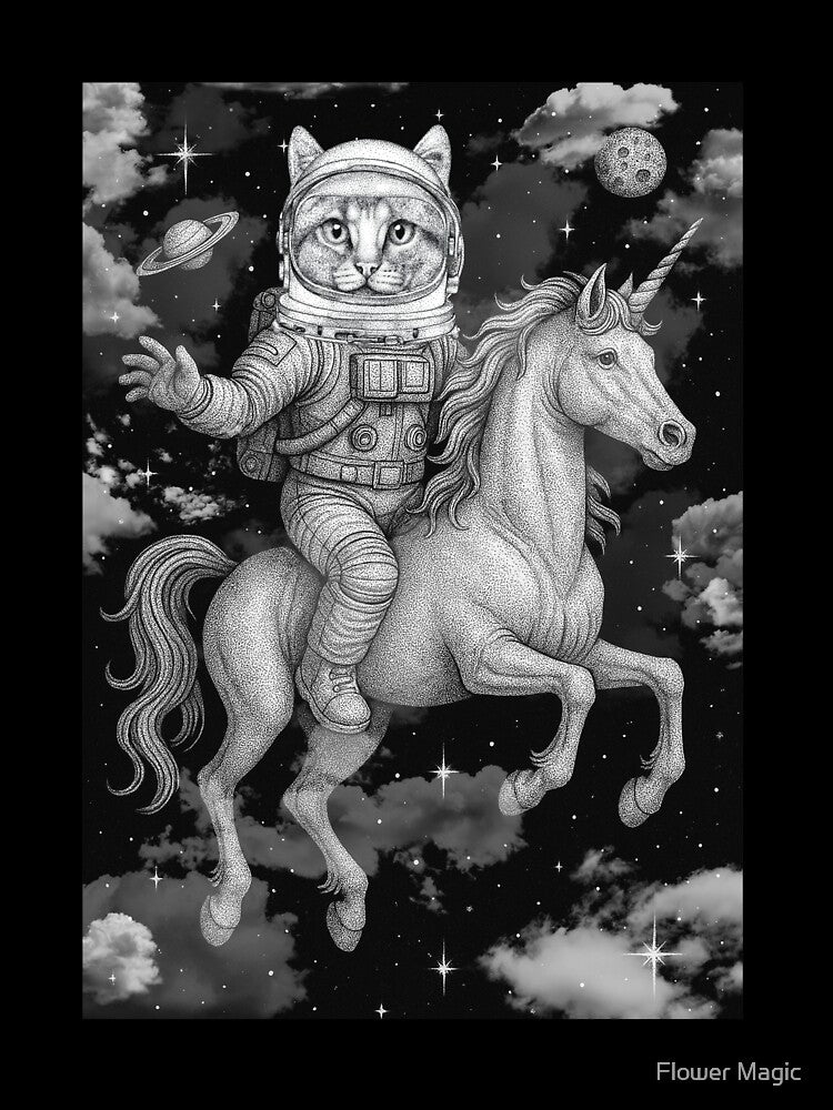 Astral Cat Rider on Unicorn — Gothic Dotwork by Flower Magic