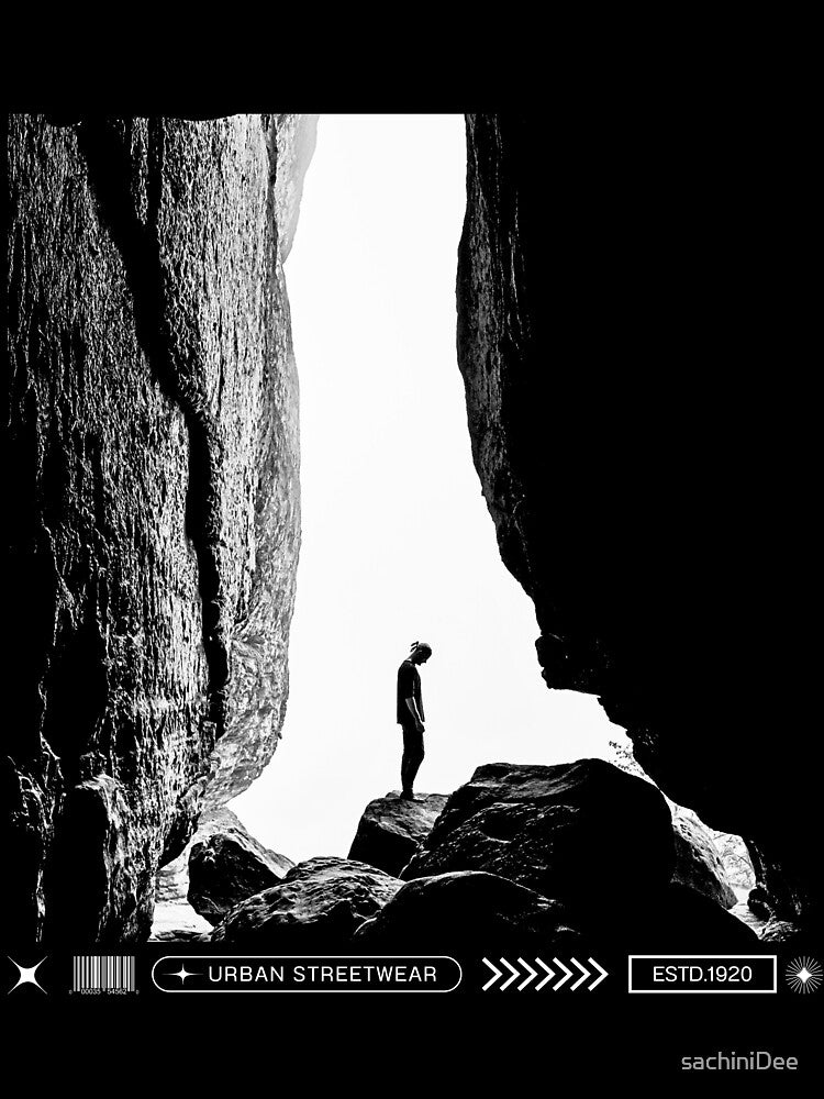 Urban Streetwear – Black and White Minimalist Rock Silhouette Design by sachiniDee