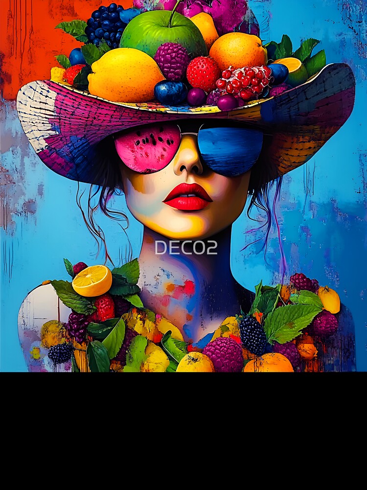 Whimsy Pop Art Female With Fantastical Fruit Hat by DEC02