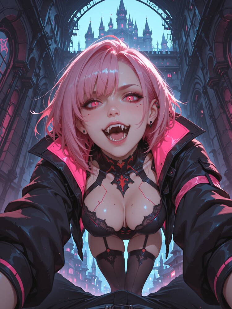 Anime waifu vampire cyber goth with fangs and pink hair by Planet Utoppia