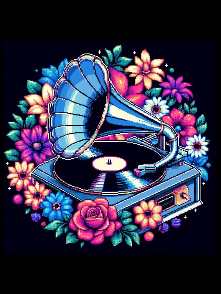 Gramophone Pixel Art with flowers and music by DakaPixelArt