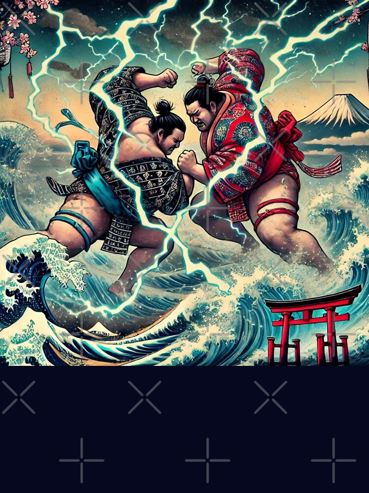 Thunderous Sumo Duel – Great Wave Ukiyo-e Warrior Print by ArtFreshStudio