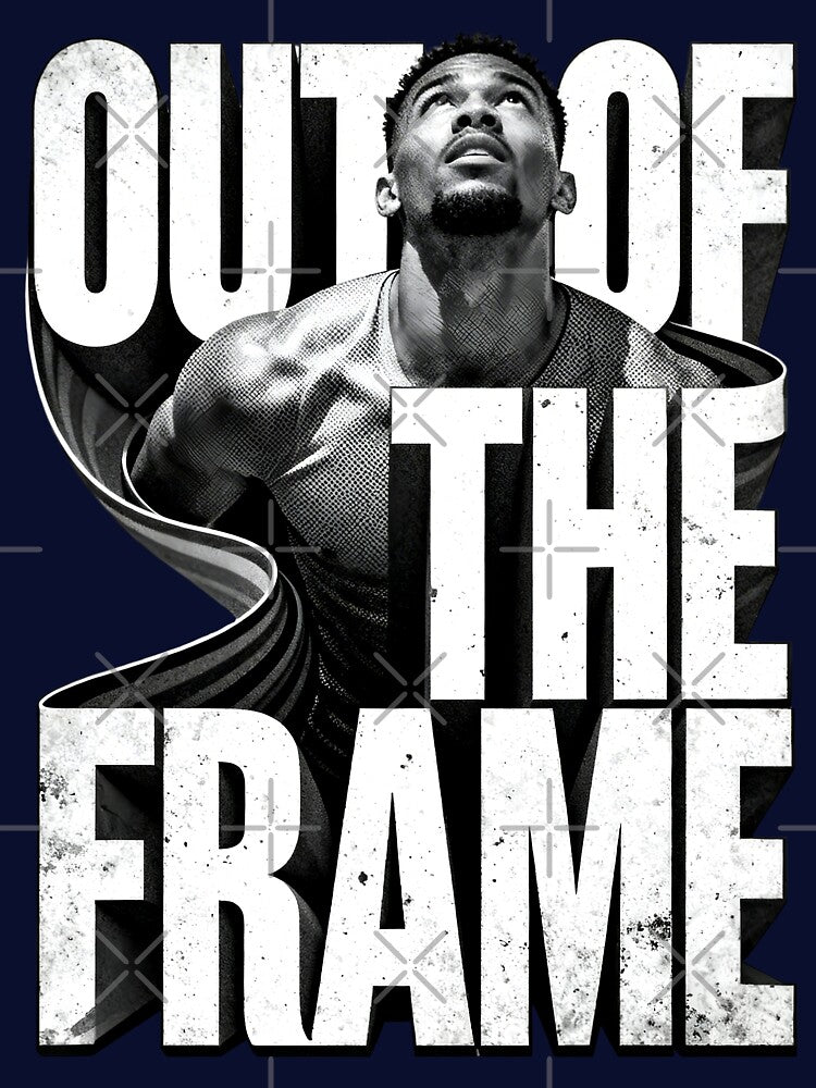 OUT OF THE FRAME – Bold Streetwear Typography Graphic Tee | Motivational Urban Design | Vintage Grunge Style by Maximilianos