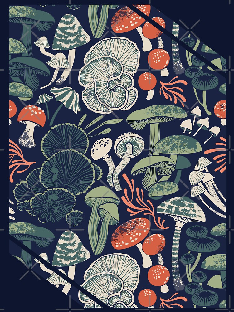 Mystical fungi // midnight blue background sage and forest green orange wild mushrooms by SelmaCardoso