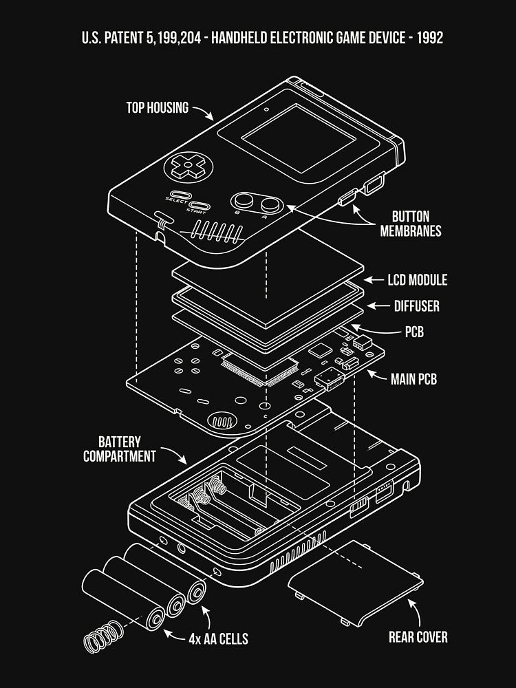 Retro Handheld Console Exploded View - 90s Gaming Schematic by DraftGear